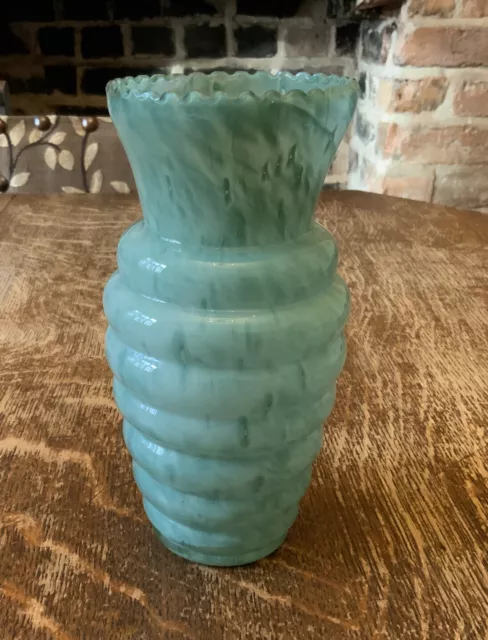 Vintage Retro Green Glass Vase- Marbling Effect- Mid Century 17.5cm Tall