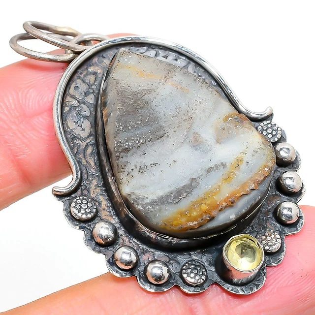 Desert Rose Druzy, Citrine Ethnic 925 Sterling Silver Jewelry Pendant 2.17"