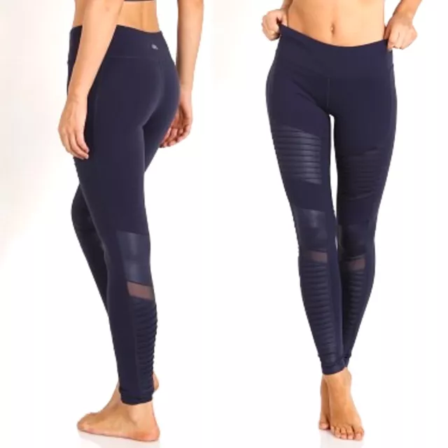 Alo Yoga Womens Moto Glossy Performance Leggings Small Midnight Navy Gym Fitness