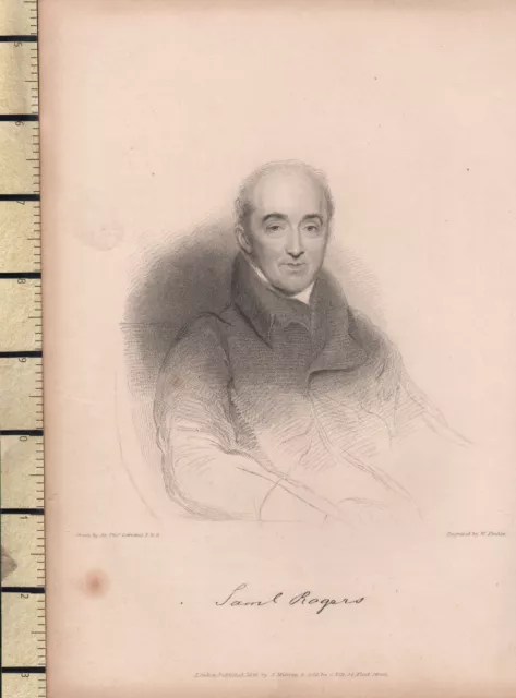 1836 con Fecha Georgiano Retrato Estampado ~ Samuel Rogers Con Facsímil Firma