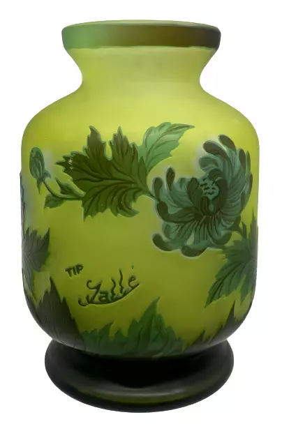 Emile Galle Style TIP Green Cameo Glass Vase W/ Peony Design Floral Art Nouveau