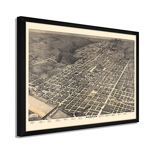 1887 Map of Austin Texas - Framed Vintage Austin Texas  Wall Art Poster Print