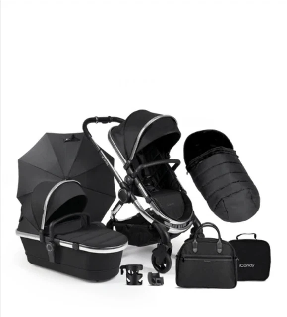 Brand New iCandy Peach Pushchair and Carrycot Bundle - Chrome Chassis Black Twil