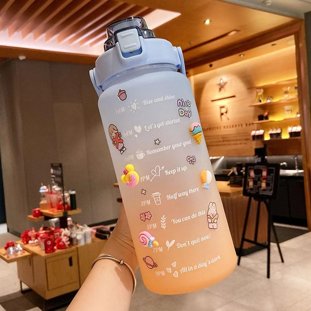2L Water Bottle Straw Cup Sport Time Scale Jug w/ Stickers (Gradient Blue) #F