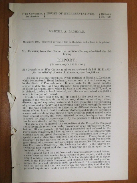 Government Report 3/10/1882 US Detective Insane Asylum Inmate in Pennsylvania