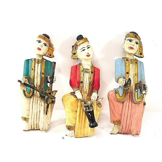 3 Burmese Temple Musicians Wall Plaques Hand Carved Wood Java Burma 10"