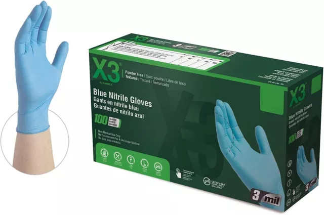 X3 Blue Nitrile Powder Free Exam Gloves ( LARGE ) - 3mil - 100count box