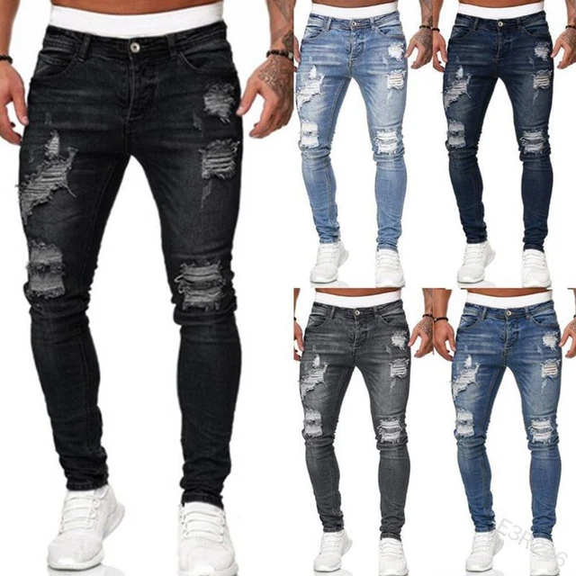 Mens Skinny Ripped Jeans Stretch Denim Distressed Frayed Slim Fit Pants Trouser
