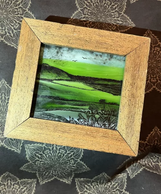 Hand-Painted Green Stained Glass Landscape Block In Wood Frame