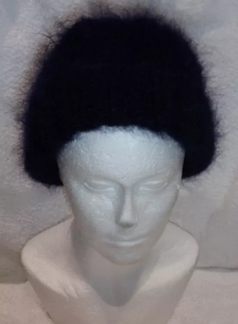 Hand knitted ladies mohair hat in very dark navy with a 2 x 2 ribbed band