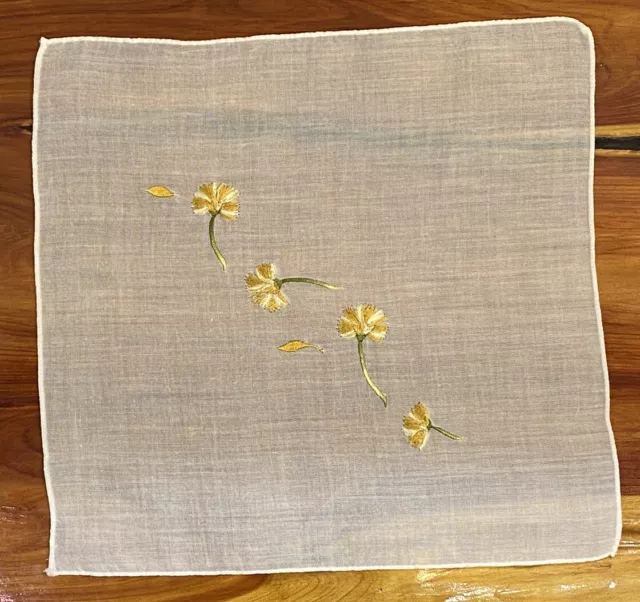 Vintage Handkerchief Embroidered Yellow Flowers Ladies Hankie