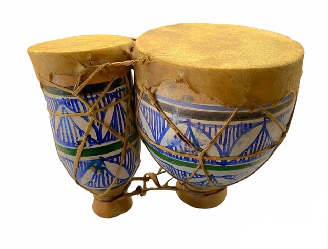 Strumento Musicale Bongo Doppio Algerino  In Ceramica  Con Pelle Di Bue