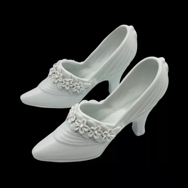 Pair 2 White Porcelain High Heel Shoes w/Flowers Figurine 4” Kaldun & Bogle Vtg