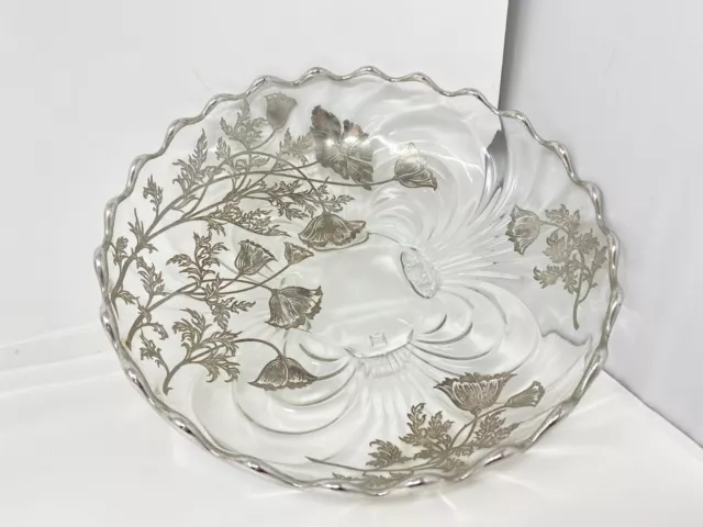 VTG Silver City Flanders Silver Overlay Glass Footed Floral Poppy 10.25" Bowl