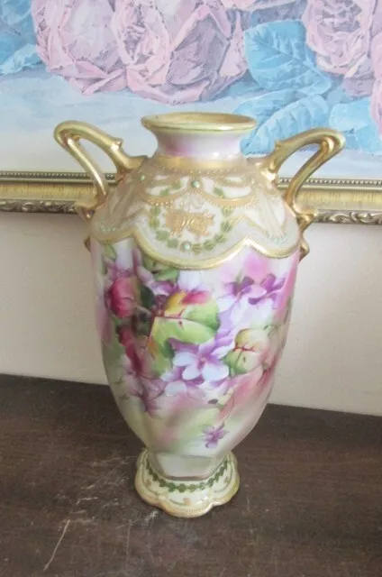 Nippon Japan Maple Leaf Hand Painted Vase Moriage Gold Violets 9"