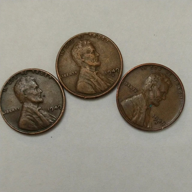 1949 P D S Lincoln Wheat Cents Pennies Circulated 3 Coin  Set Lot Of 3 Coins