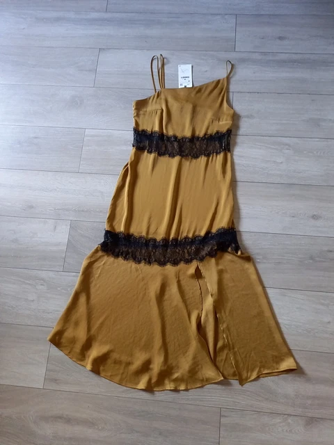 Zara Antique Gold & Black Lace Slip Dress Silky Blogger Holiday Evening  Uk8/10 £39.99 - Picclick Uk