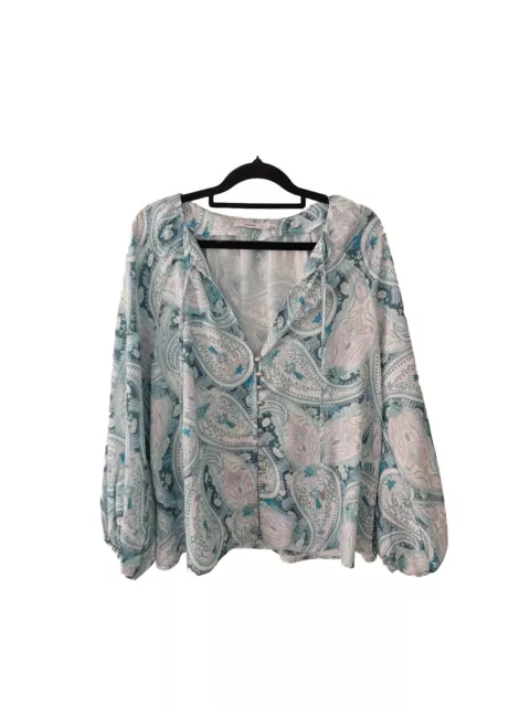 Sheike Women's Size 8 Green Blue Paisley Printed Blouse Long Sleeves V-neck Top