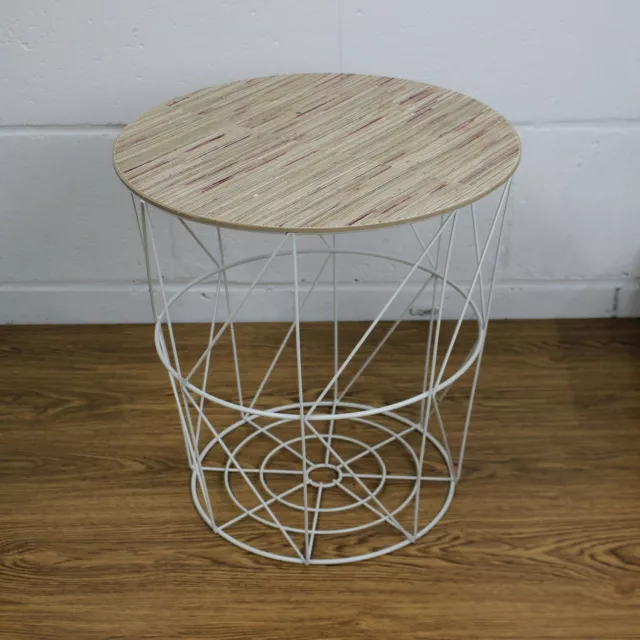 Vintage Side End Wire Table Storage Bucket Removable Wooden MDF Top Lid Cover