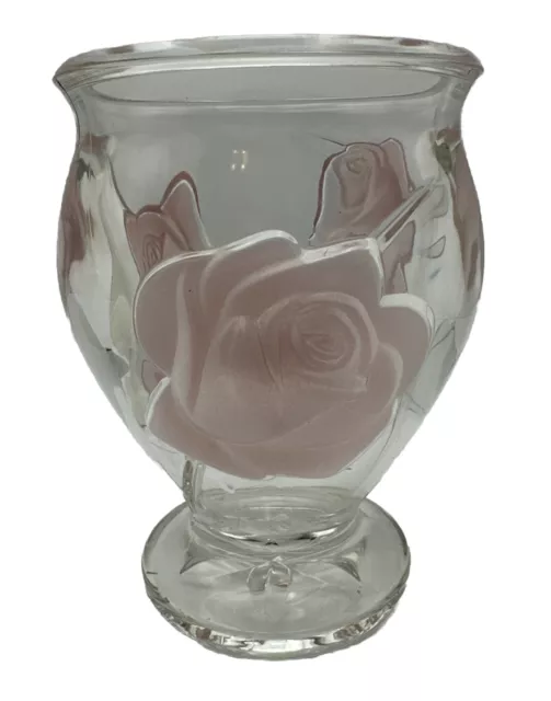 Vintage Teleflora Art France Pink Rose Footed Crystal Vase Heavy 6.25" T 4" W