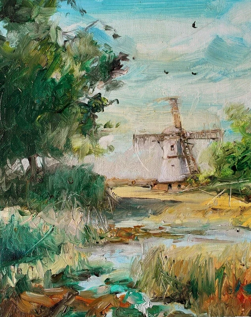 Paisaje Pintura Óleo Lienzo Original Holanda Impresionista Molino de viento...