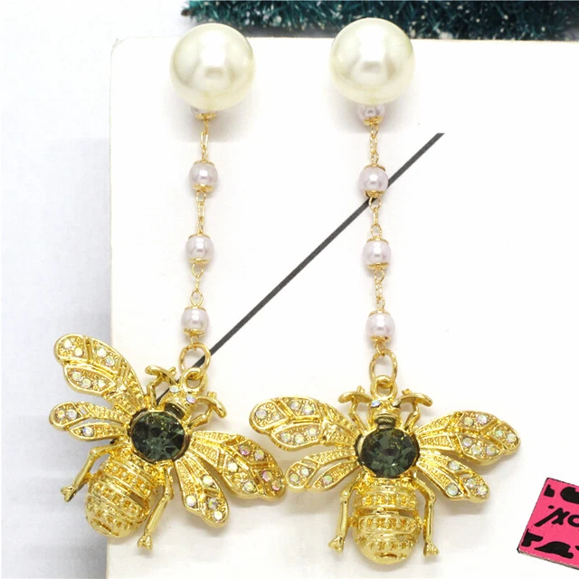 New Lovely Bling Bee Pearl Insect Crystal Betsey Johnson Women Stand Earrings