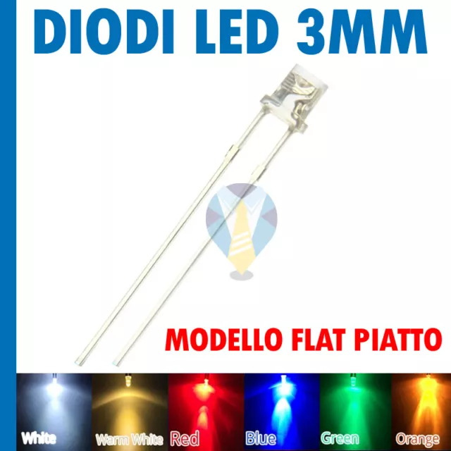 DIODI LED FLAT 3 mm ALTA LUMINOSITA' BIANCHI BLU ROSSO VERDE GIALLO ARANCIONE