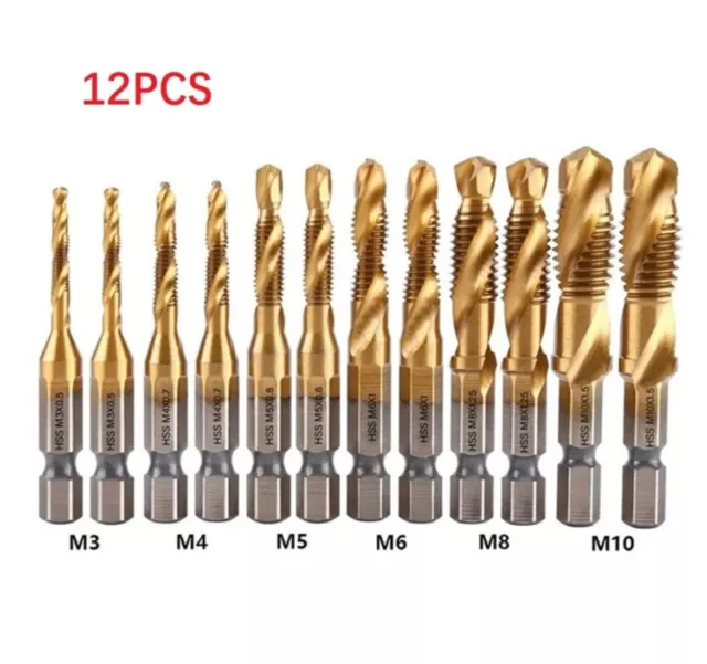 Jeu de Forets à Tarauder HSS Revêtus de titane Vis à Tige hexagonale 12 Pièces