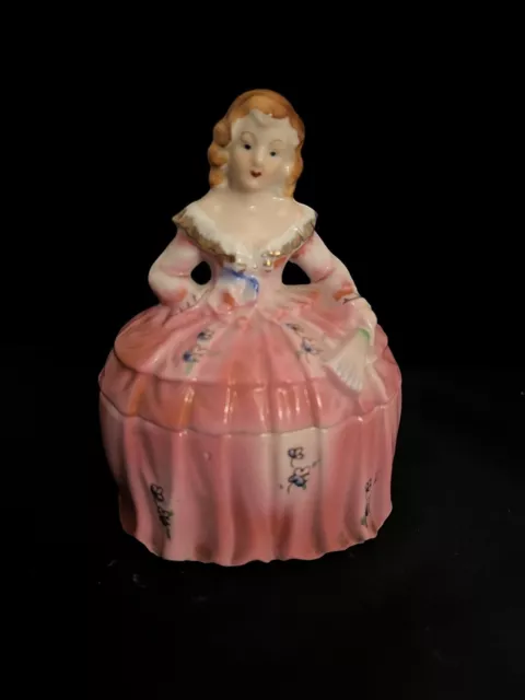 VINTAGE POWDER JAR  Porcelain Lady In Full pink Dress W/ Fan Trinket Box 5”