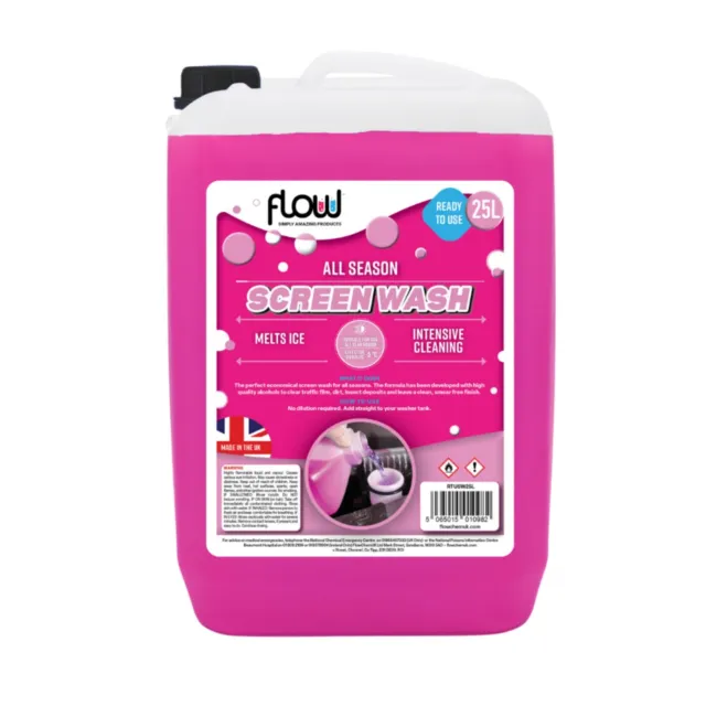 Flow 25 Litre Pink Screenwash Ready to Use | All Seasons -5°C Temp | Non Smear