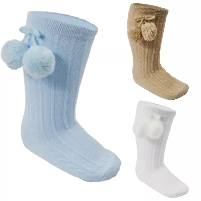 Baby Boys Pom Pom Socks Smart Fancy Spanish Knee High Long White Blue Socks