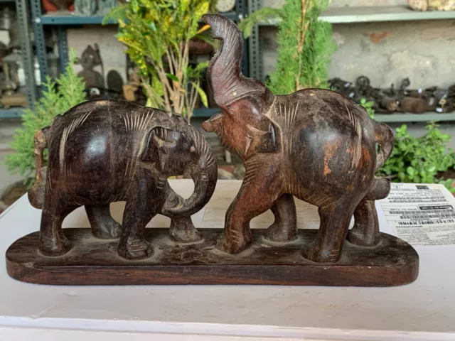 Antique Handcrafted Wooden Two Elephant Carved Figurine Decorative Statue 10"