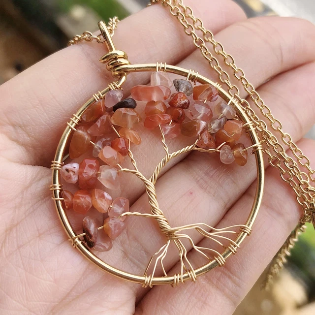 Red Agate Gem Stone Tree Of Life Water-Drop Necklace Chakra Reiki Healing Amulet