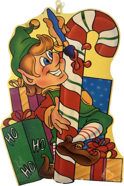 Vintage Plastic Elf Presents Candy Cane Window Hanger, Large, Christmas, GUC