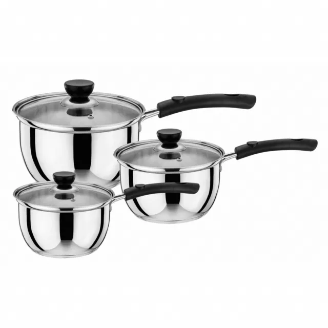 Lot de 3 casseroles en inox haute qualité avec couvercles en verre trempé 16/18/