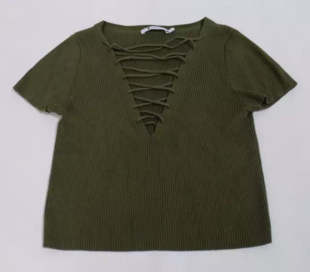 T by Alexander Wang Women's Lace-Up Short Sleeve Sweater CB6 Olive Size XS