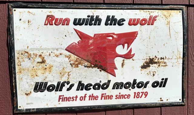 Vintage Wolfs Head Motor Oil Sign Gas station dealer Run with the Wolf 48x28