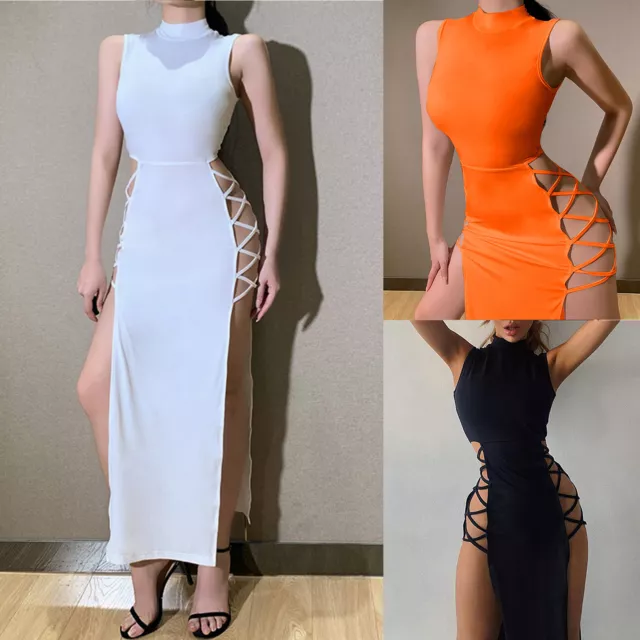 fr Ladies Bandage Long Dress Slim Fit Skinny Dress Solid Color Night Party Cloth