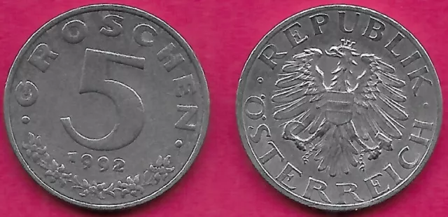 Austria 5 Groschen 1992 Vf Imperial Eagle With Austrian Shield On Breast,Ho