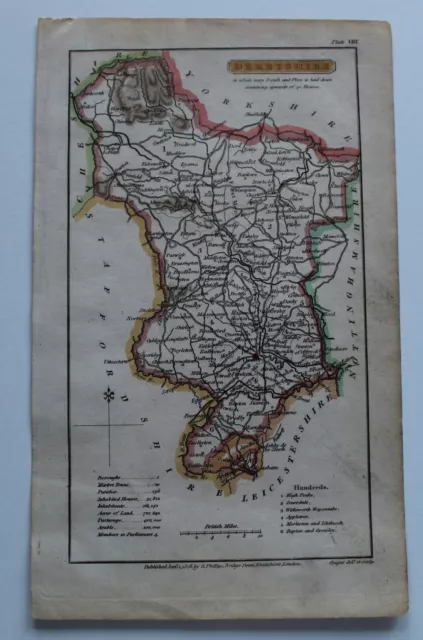 DERBYSHIRE - Antique Map by H. Cooper, c1808 - Published by Richard Phillips