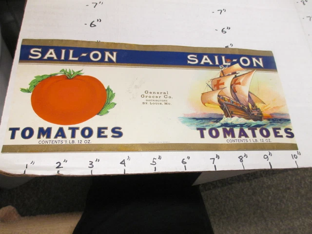 SAIL-ON tomatoes 1930s sailing ship tin can food paper label General Grocer