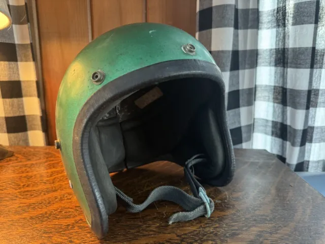 Vintage 1968 Green Motorcycle Helmet Size Unknown VTG