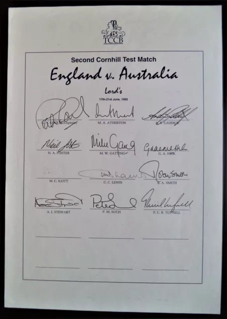 ENGLAND v AUSTRALIA 1993 2nd ASHES TEST LORD’S OFFICIAL CRICKET AUTOGRAPH SHEET