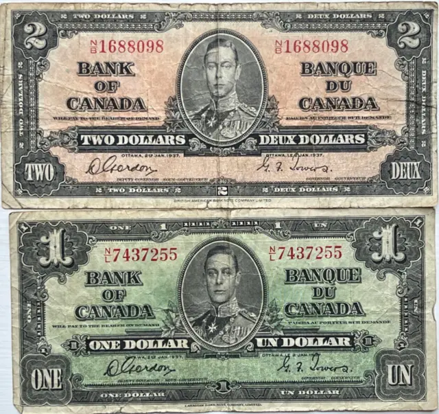1937 $1 One & $2 Two Dollar Bank of Canada Paper Notes Bills Gordon Towers