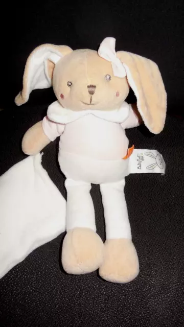 doudou peluche lapin rose blanc + mouchoir  BABY NAT' Bio 27cm