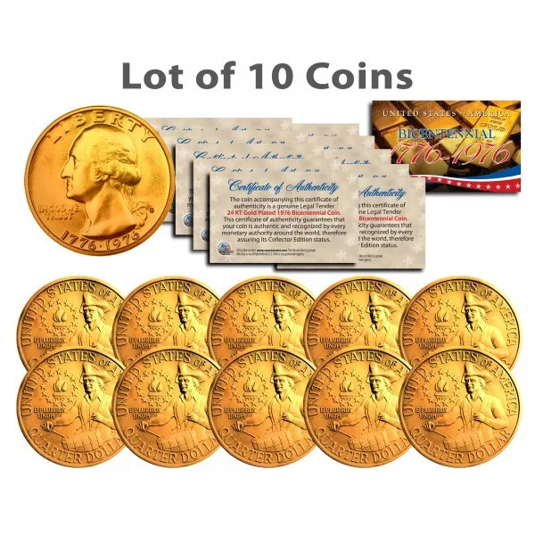 Bicentennial 1976 Quarters U.S. Coins 24K GOLD PLATED w/Capsules (Lot of 10)