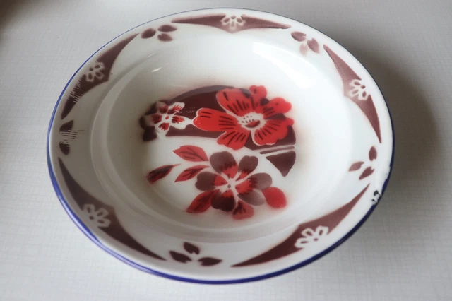 BELLE ANCIENNE ASSIETTE EN TÔLE ÉMAILLÉE - DÉCOR FLEUR - ASSIETTE CREUSE 22 cm