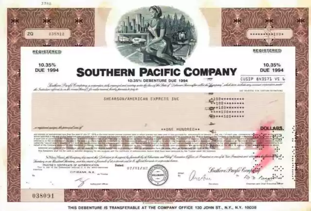 Southern Pacific Company Debenture 1982 San Francisco San Diego New Orleans 100
