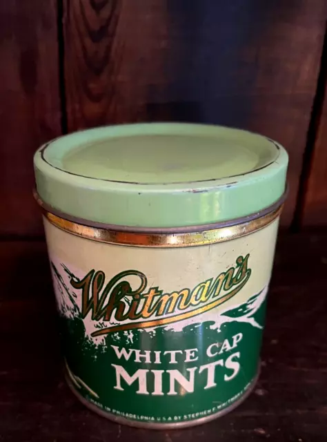 Vintage Whitman's White Cap Mints Candy Empty Tin 1/2 LB. Philadelphia PA. 3.5”