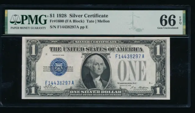 AC 1928 $1 Silver Certificate PMG 66 EPQ F-A block  Fr 1600